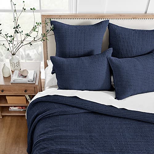Image of Levtex Home Mills Waffle Full Bedspread Set (100x104in) with 2 Pillow Shams (26x20in) - Navy - 100% Cotton Full Size Bedspread Set - Lightweight, Soft, Pre-Washed