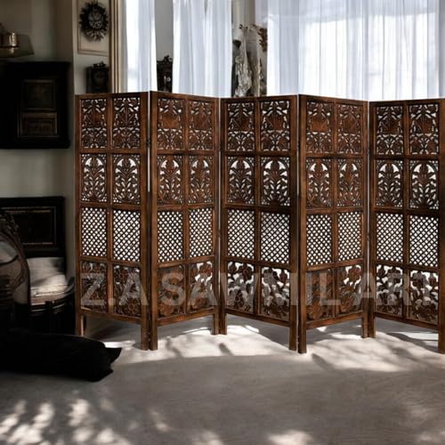 Image of Wooden Partition for Living Room, Privacy Divider, Wooden Room Separator, Divider for Office, Partition for Puja Room, (Mix Frame Design - Brown) (5 Feet - 5 Panels)