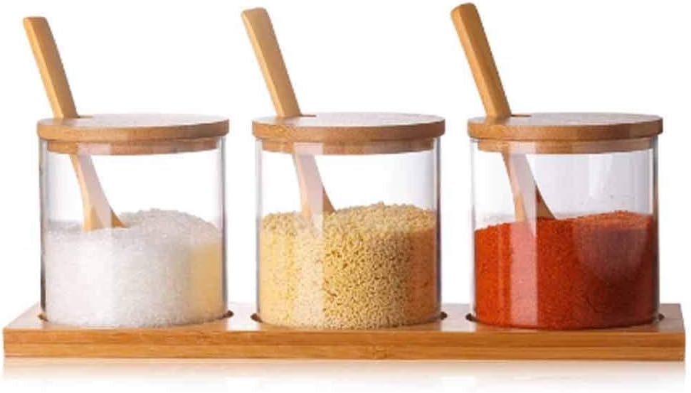 3 Pcs/Set Glass Herb Spice Tools Seasoning Bottle Glass Sugar Salt Storage Jar Spice Jars with Wooden Spoon Kitchen Accessories
