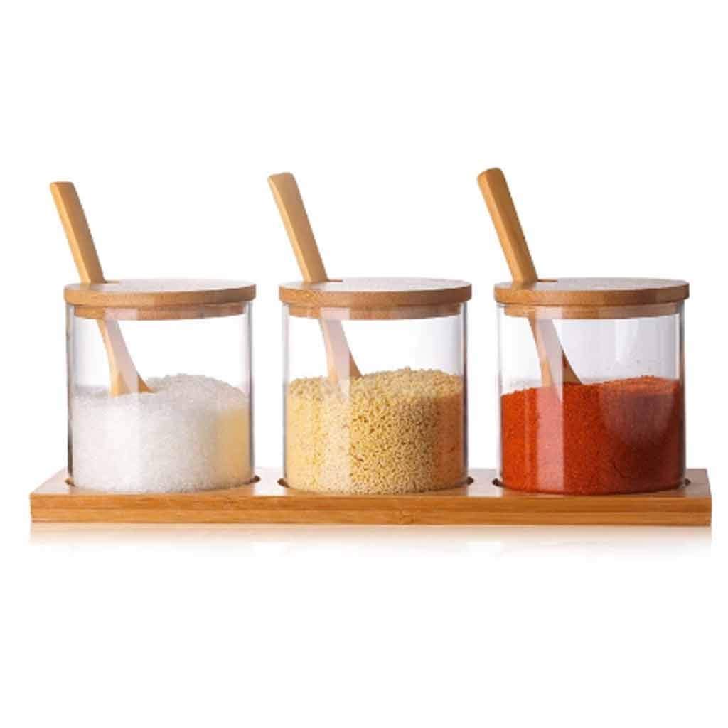 IANSHFKN 3 Pcs/Set Glass Herb Spice Tools Seasoning Bottle Sugar Salt Storage Jar Jars with Wooden Spoon Kitchen Accessories