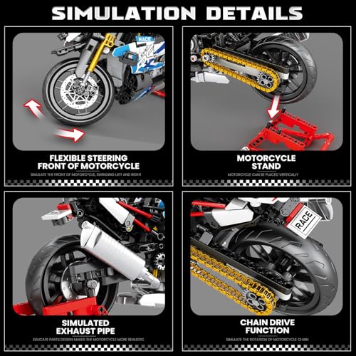 Image of Reobrix Motorcycle 1000 RR Technic Building Set for Adults, 1:8 Scale Model Kit, 949 PCS Collectible Motorcycle Display Model with Stand, Motorbike Gift Idea for Boys and Kids 14+
