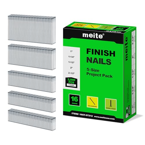 meite 16 Gauge Finish Nails, Assorted 5 Sizes (1', 1-1/4', 1-1/2', 2', 2-1/2' Each Size 500) Galvanized Straight 16GA Finish Nails, 5 Sizes Project Pack for 16 Gauge Finish Nailer