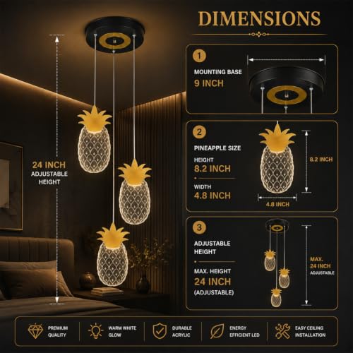 Image of Lamp master 3-Light Pineapple Ceiling Light | Decorative Hanging Light | Warm Glow | Transparent Acrylic & Metal | Gold Finish | Adjustable Height | Chandelier for Living Room, Bedroom & Dining Room