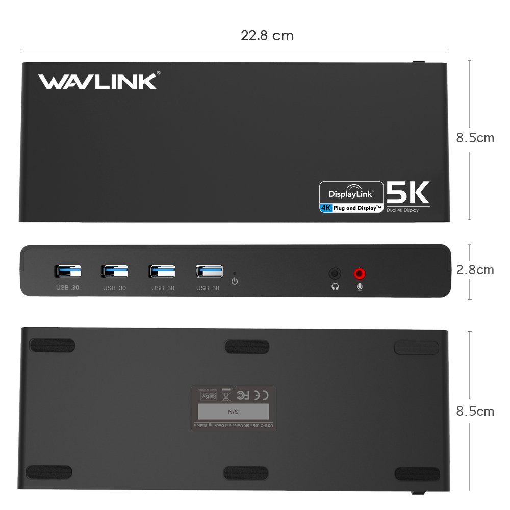 WAVLINK Station d'accueil USB-C, 2X (HDMI+Displayport), 5K et Dual 4K Display, 6xUSB3.0, USB-C, Gigabit Ethernet, Audio&Mic, pour Ordinateur Portable PC, Compatible avec Mac OS et Windows