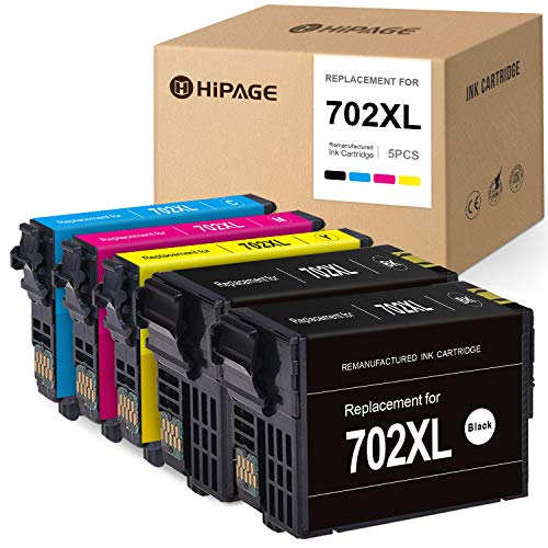 HIPAGE Remanufactured Ink Cartridge Replacement for Epson T702XL 702 XL 702XL High Yield for Workforce Pro WF-3720 WF-3733 WF-3730 (2 Black, 1 Cyan, 1 Magenta, 1 Yellow, 5-Pack)