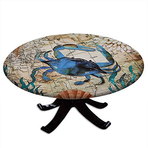 Mantel redondo ajustable de cangrejo, animales marinos, mapa azul náutico de la vida costera navegando en el mar, impermeable y lavable, para mesas de comedor, fiestas de bufé y camping, apto para