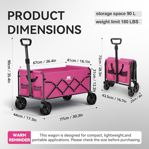 Collapsible Folding Wagon, Heavy Duty Pink Foldable Wagon Cart with Wheel, Lightweight Utility Grocery Cart with 200lbs Weight Capacity for Garden, Beach, Camping Sports, Fishing