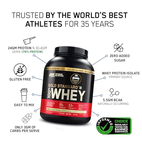 Image of Optimum Nutrition (ON) Gold Standard 100% Whey Protein Powder 5 lb (+10% Extra), 2.5 kg (Vanilla Ice Cream), for Muscle Support & Recovery, Vegetarian - Primary Source Whey Isolate