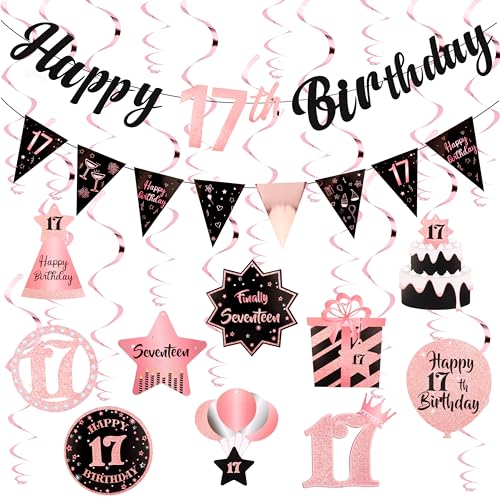 Image of 17th Birthday Decorations for Girls Rose Gold Pink Pre Assembled Happy Birthday Banner and Hanging Swirls 17 Years Old Party Decorations Supplies 17th Birthday Gifts for Girls