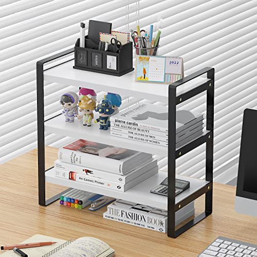 Feejee 3 Tiers Desktop Shelf Organizers And Storage With Metal Frame Wood Board Racks For Office, Dorm, School Small Display Shelves Mini Bookshelf Corner Shelving (Frame Black&Tier White, 3 Tiers) #TOP1