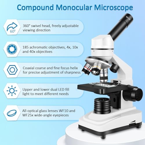 Image of Herwicm Microscope,40X-2000X Microscope with Phone Adapter & Slides Set,Suitable for Students School Lab and Home Education (Monocular Microscope)