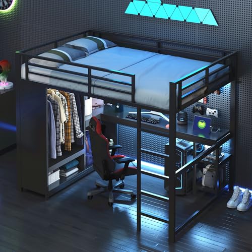MOBETTRES 140x200 Metall-Gaming-Hochbett mit LED, Schreibtisch, offenem Kleiderschrank und Ablagefächern, Schwarz