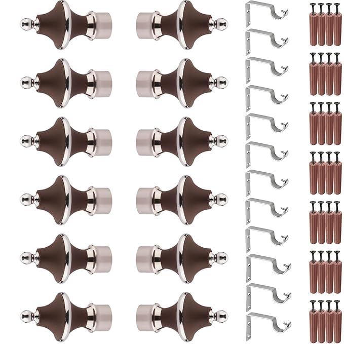 Stainless Steel & ABS Curtain Bracket Parda Holder with Support 1 Inch Rod Pocket Finials Designer Door and Window Rod Support Fittings, Curtain Rod Holder (Pair of 6 , Dark Brown )-image-6