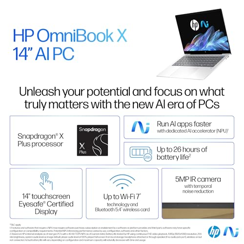 Image of HP OmniBook X Snapdragon X Plus (16GB RAM /512GB SSD /2.2K 16:10 87.81% STBR Touchscreen 400 nits /Windows 11 /5MP Camera /Poly Studio /Backlit KB /14 inch (35.6cm) /Silver /1.34kg) 14-fe1011QU Laptop