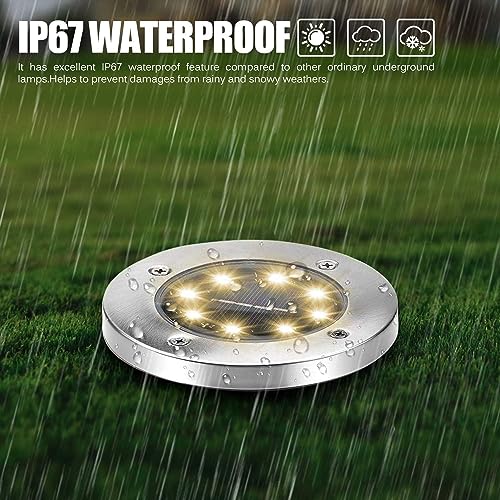 LITVERSE Solar Ground Lights, Solar Disk Lights (8 LEDs /4 Pack) Outdoor Waterproof Solar Garden Lights for Pathway Outdoor in-Ground Lawn Yard Deck Patio Walkway - Warm White