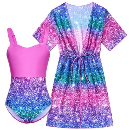 Image of Funnycokid Girls Bathing Suits One Piece Swimsuit with Cover Up Kids Swim Suit Size 8-16