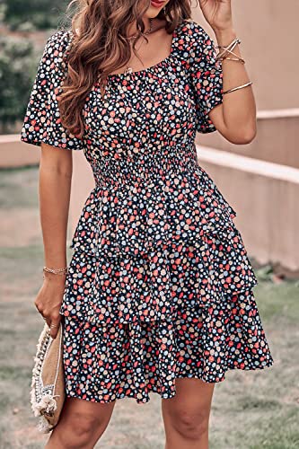 Image of PRETTYGARDEN Women's Summer Floral Ruffle Short Dress | Short Sleeve Square Neck, Flowy Tiered Hem, Fit and Flare, Flower Boho Dresses, Cute Beach Vacation Outfits, Fashion Clothing
