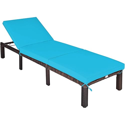 Tangkula Rattan Wicker Chaise Lounge Chair, Outdoor Patio Lounger Recliner Chair w/Adjustable Backrest, Heavy-Duty Reclining Chair Sunbed w/Thick Zippered Cushion for Garden Yard Patio (1, Turquoise)