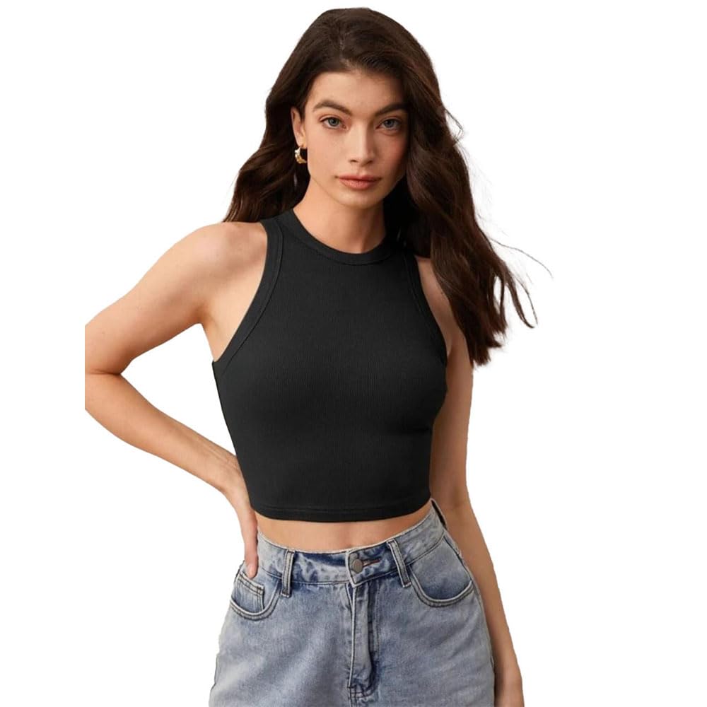 Solid Round Neck Sleeveless Casual Ribbed Crop Tank Top for Women-image-18