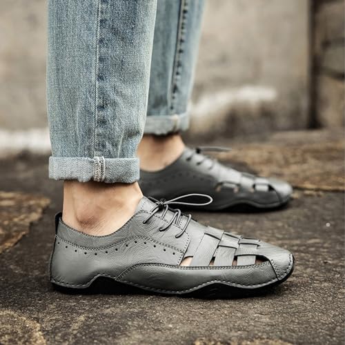 Men's Lace Up Handmade Fashion Sport Sandals, Closed Toe Casual Summer Fisherman's Shoes, Weave Soft Beach Shoes(Gray,6)4