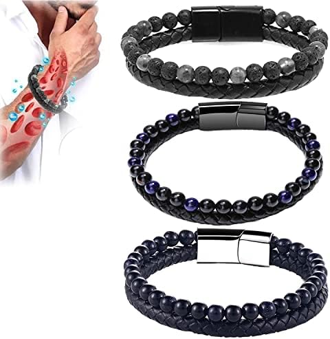 Humanic+ Trio MAXHematie Beaded Bracelets, Humanic+ MAXHematie Beaded Bracelets, Humanic+ Pro MAXHematie Beaded Bracelets, Mens Black Lava Rock Bracelet Hematite Bracelet Stone Bracelet (2Pcs-a)