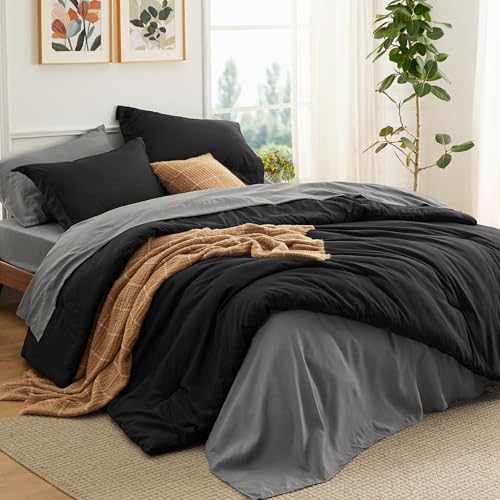Image of Bedsure Twin XL Comforter Set - Extra Long 5 Pieces Black Twin XL Bedding Set for All Seasons, Boho Contrasting Design Bed in a Bag with Comforter, Sheets, Pillowcase & Sham