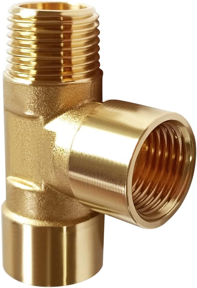 Uenede 2PCS Brass Tee Pipe Fitting 1/2" NPT Female x 1/2" NPT Female x 1/2" NPT Male for Water/Oil/Gas