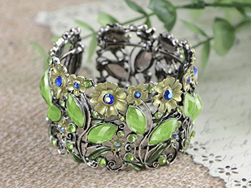 Alilang Antique Floral Green Blue Crystal Rhinestone Yellow Flower Garden Bracelet Bangle Cuff #TOP1