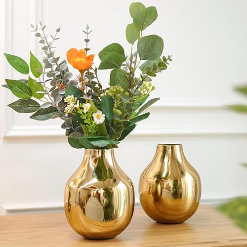 Image of BEHOMA Metal Flower Vase Set of 2, Golden | Metal flower vase in Golden - for fresh or artificial flower displays for living room - great wedding gift (Set of 2)