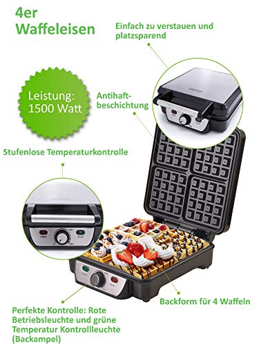 4er Waffeleisen | 1500 Watt | Waffelautomat | Paninigrill | Waffeltoaster | Waffle Maker | Elektrogrill | Wafflemaker – Bild 3