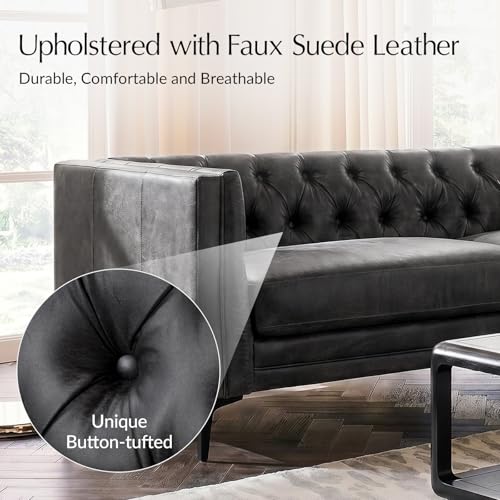 Image of HULALA HOME 84 inch W Faux Leather Sofa Couch with Metal Legs, Button-Tufted 3-Seater Sofa, Mid Century Modern Contemporary Upholstered Couch for Living Room, Apartment, Charcoal