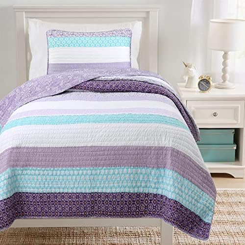 Cozy Line Home Fashions Purple Baby Blue Floral Striped Ruffle Girl 100% Cotton Reversible Quilt Bedding Set, All-Season Coverlet Bedspread (Lilac Flower, Twin-2 Piece)