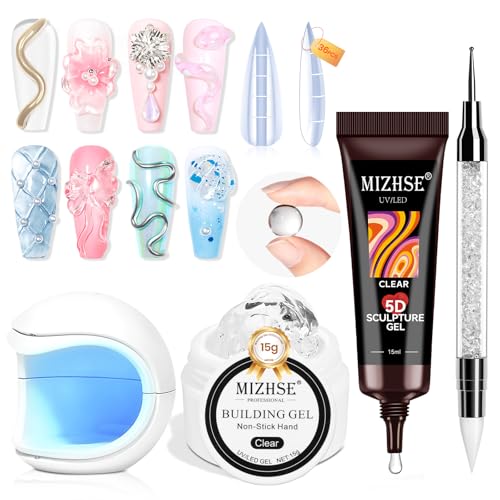 MIZHSE Solid Builder Gel for Nails and 5D Nail Gel Kit, Clear Sculpting Carving Building Modeling 3D Nail with Portable Nail Lamp Soak Off U V LED Nail Art Manicure Home