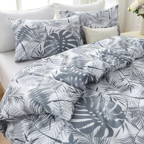 MUXHOMO Duvet Cover Full Size, Reversible Floral Black & Grey Duvet Cover Set with Zipper Closure, 3 Pieces Botanical Patterns Soft Microfiber Bedding Set with 4 Ties (80"x90", 2 Pillow Cases) US