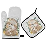 Mothers Day Sloth Oven Mitts Pot Holder Set Summer Tropical Leave Flowers Kitchen Decor Cooking Stov