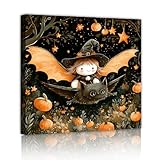 ハロウィーンキャンバスプリント不気味な魔女とコウモリの壁アート魔法の森のカボチャのシーンリビングルームの保育園プレイルームのための家の装飾写真30x30cmのインナーフレーム