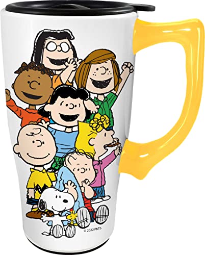 Image of Spoontiques - Ceramic Travel Coffee Mug with Lid and Handle - Spill Proof Lid - Double Walled Mug for Hot and Cold Beverages - Microwave and Dishwasher Safe - Peanuts