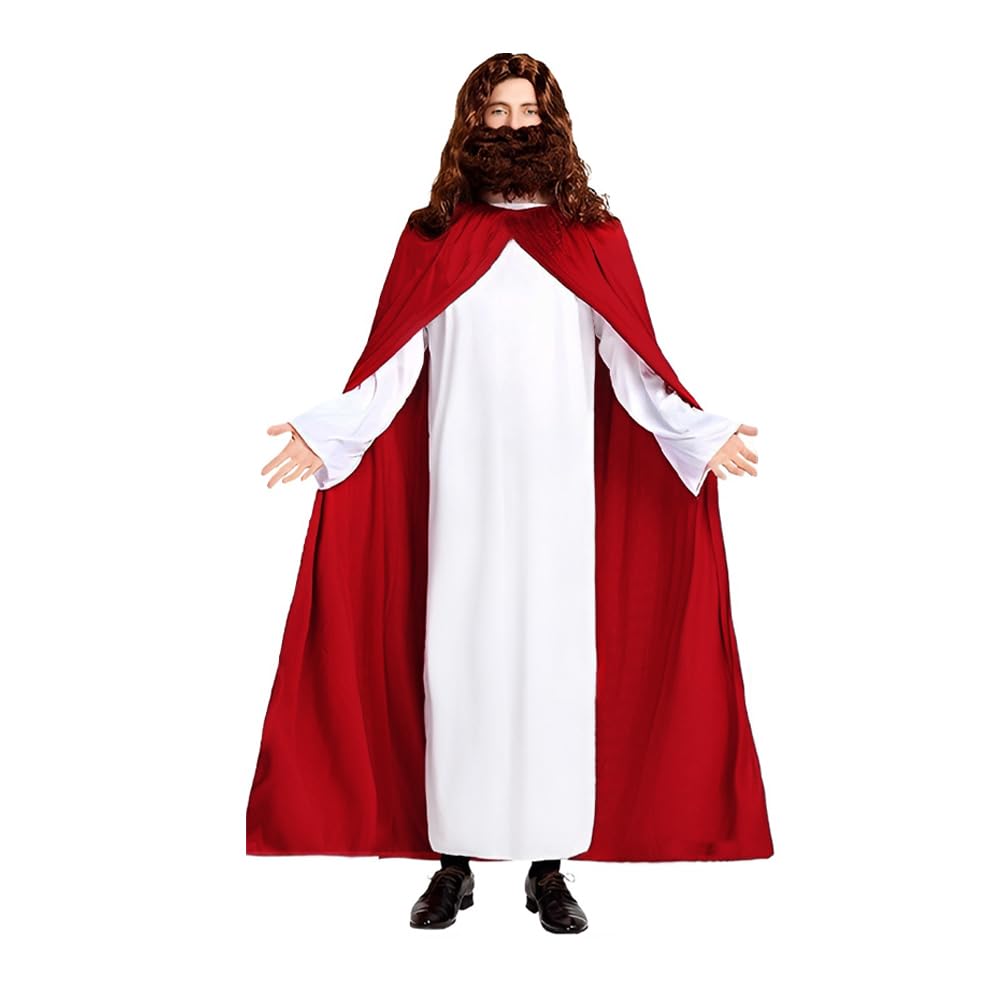 SIQITECHUK Adult Jesus Christ Costume Religious Nativity Costumes Biblical Full Length Robe with Red Cloak Rome Greek Cosplay Outfit for Halloween Fancy Dress Stage Performance