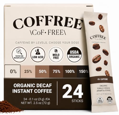 COFFREE Organic Decaf Instant Coffee Packets - Mold Free, Low Acid, Single-Origin Arabica - Individual Single Serve Coffee Sticks - Easy for Travel, Camping - Light Roast - Decaf Coffee - 24 Count