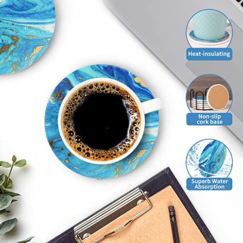 Coasters With Holder, Absorbent Coasters By Dsndves, Set Of 6 Ceramic Coasters, Marble Style Drink Coasters With Cork Base, Bar Coasters, Round Stone Coasters For Table Protection Ocean Green #TOP2