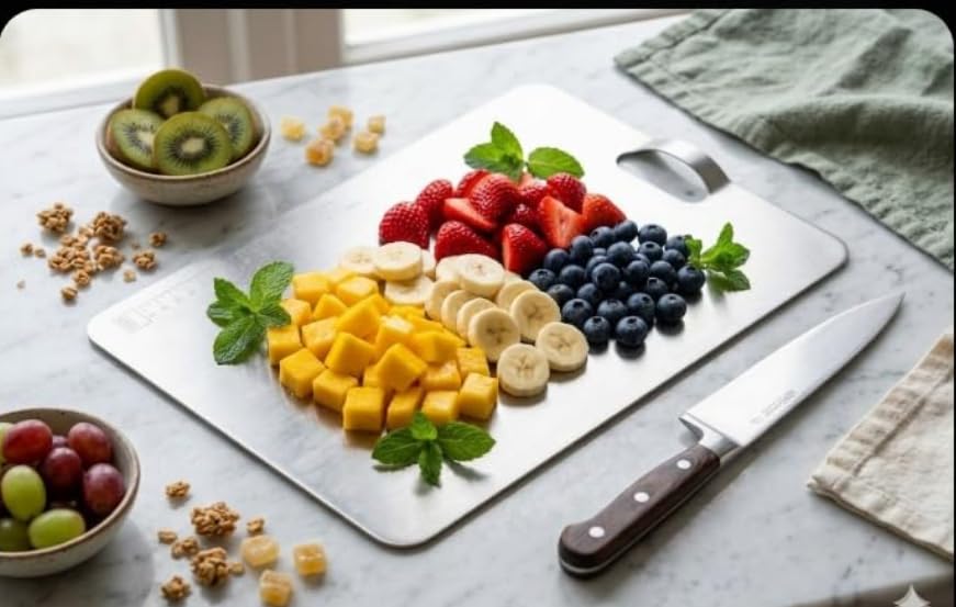 Image of Large Stainless Steel Chopping Cutting Board with Curved Handle Vegetable,Fruit,Bread & Meat Durable Safe & Heavy Duty (Stainless Steel Chopping Board)