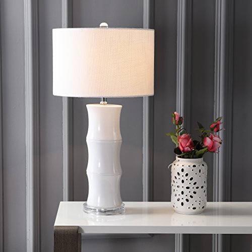 JONATHAN Y 26.5" White Ceramic Table Lamp for Living Room, Bedroom Nightstand, White Linen Drum Shade, Bamboo Design Modern Bedside Desk Lamp with LED Bulb Included (JYL3015C) by JONATHAN Y - Image 2