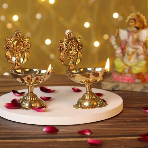 4OUR Faith Brass Shankh and Chakra Diya Set of 2 Oil Lamps with Stand