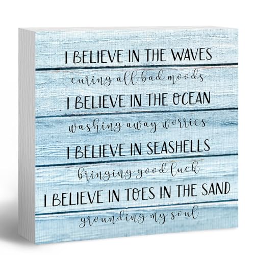 Decoración de casa de playa, decoración de baño con temática de playa, letrero inspirador de caja de madera, con texto en inglés "I Believe in The Waves", placa de madera para decoración de estante de