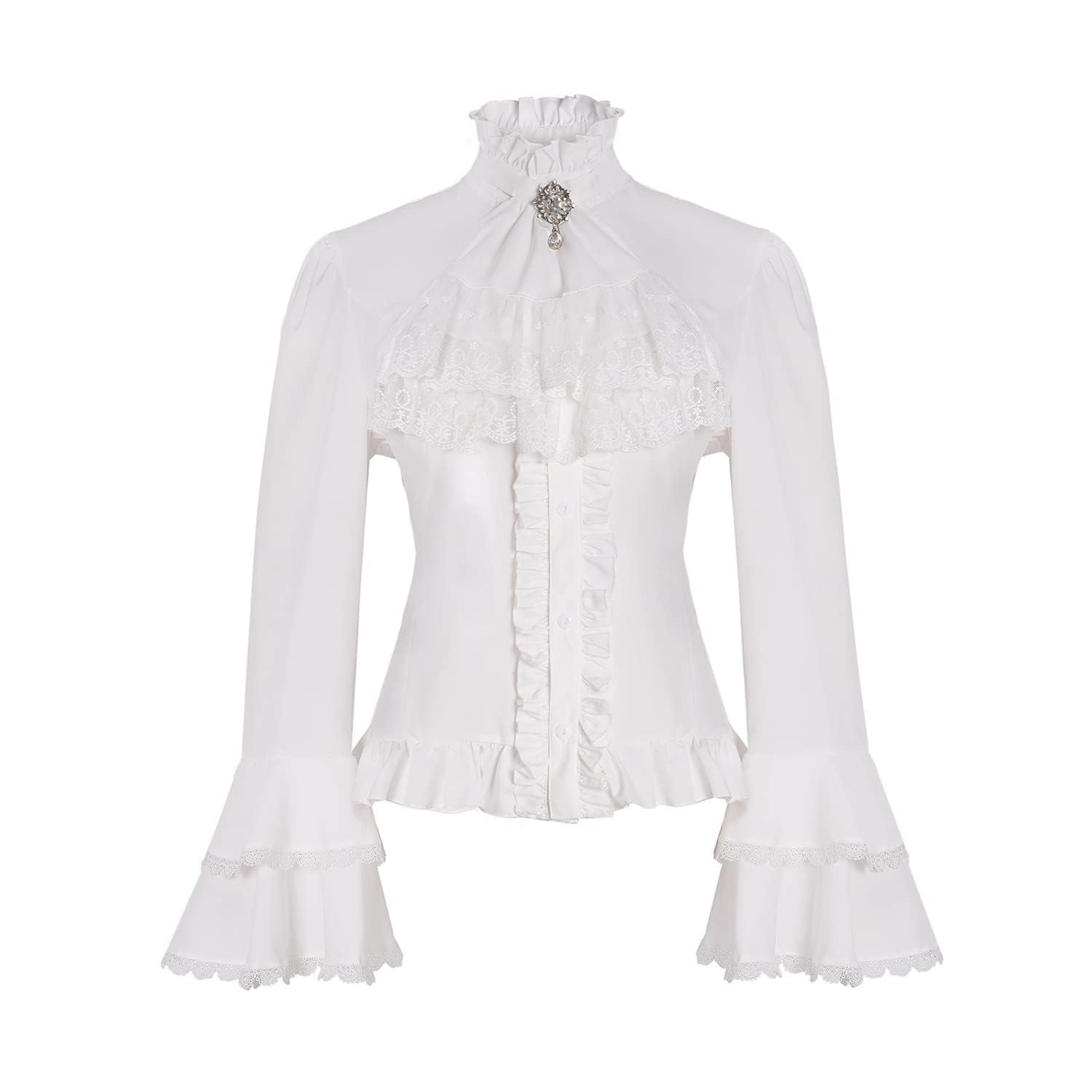COSDREAMER Blusa vintage victoriana medieval gótica pirata para mujer, cuello de pie, camisa