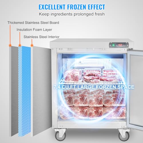 Image of VEVOR 28 inch W Commercial Freezer Worktop, 7.4 Cu. Ft Undercounter Freezers with /Casters, <0~-8℉>Defrost Frozen Prep Table, Single Door Stainless Steel Food Frozen Prep Station for Restaurant, Diner