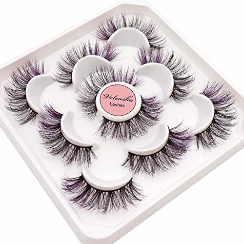 Veleasha Colored Lashes 5D Fluffy Faux Mink Lashes 5 Pairs Pack, 20MM Wispy Colored Eyelashes, Dramatic Cat Eye Lashes | TM-Purple