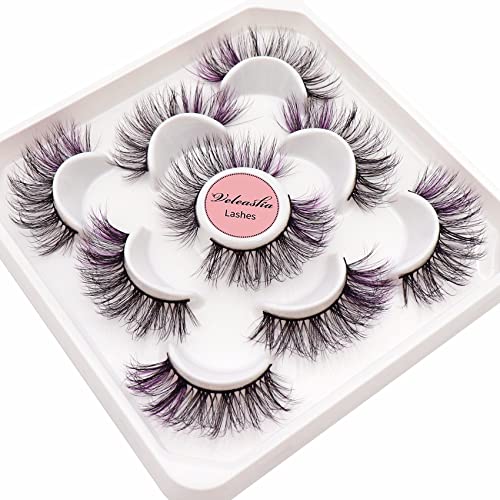 Veleasha Colored Lashes 5D Fluffy Faux Mink Lashes 5 Pairs Pack, 20Mm Wispy Colored Eyelashes, Dramatic Cat Eye Lashes | Tm-Purple #TOP21