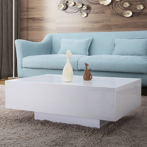 Mecor High Gloss White Rectangle Coffee Table, Modern Side/End/Sofa Table, 1 Layer Living Room Home Furniture, Small Size - Thumbnail 3