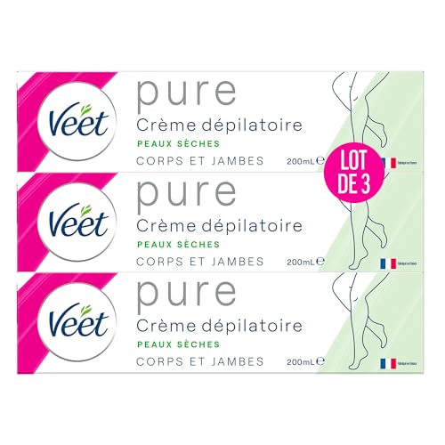 Veet Minima Pure - Crema depilatoria para piel seca, 3 tubos de 200 ml